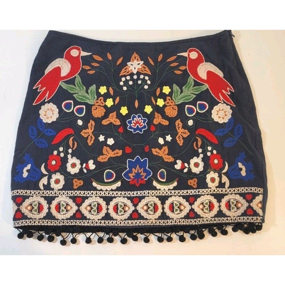 Umgee mini Skirt Floral Bird Embroidered Lined Boho pompoms 29x16